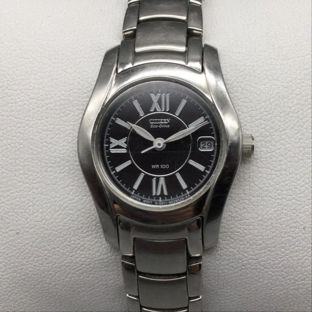 Citizen Eco-Drive WR 100 Womens Watch 25mm Black Dial Date Stainless Bracelet 6